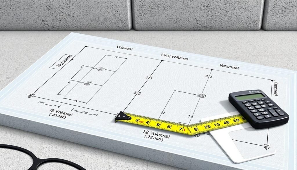 Concrete calculator concept showing measurements and volume calculation for a concrete slab