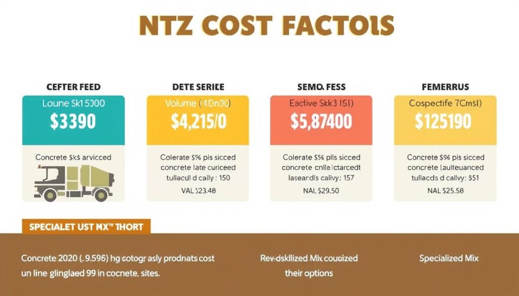 Concrete cost factors illustrated with price tags on different concrete services and products