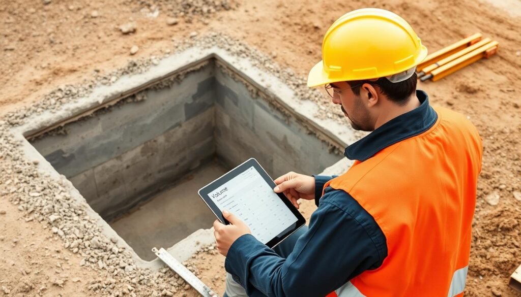 Construction worker calculating concrete volume for a foundation