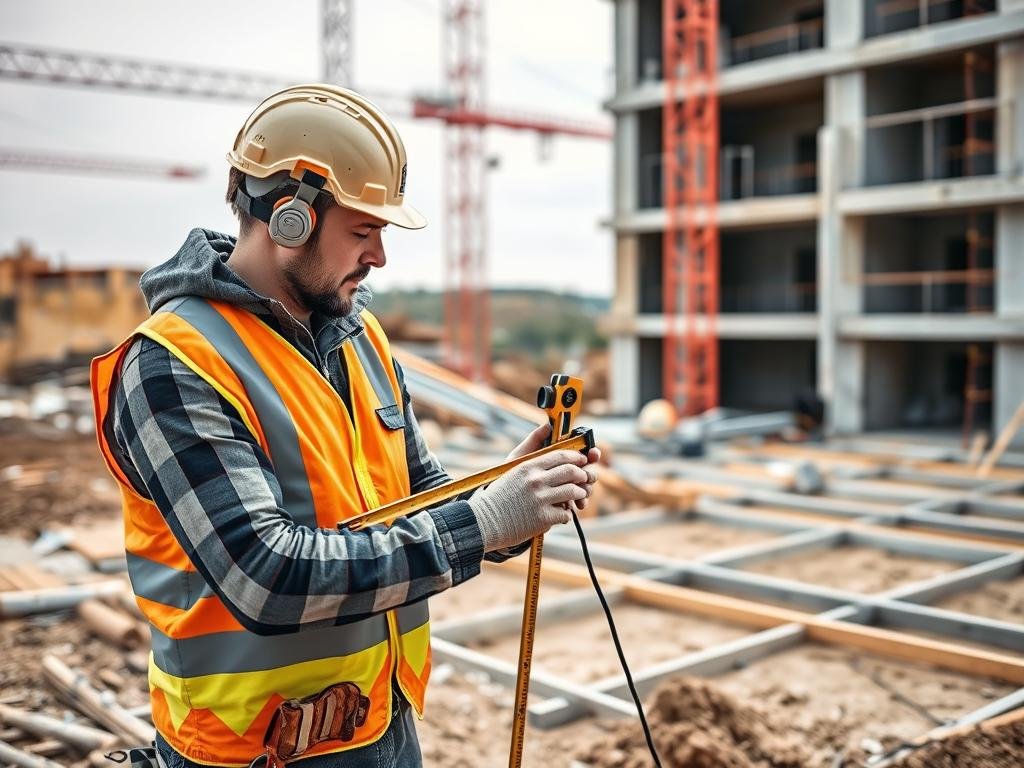 Construction worker measuring a building site