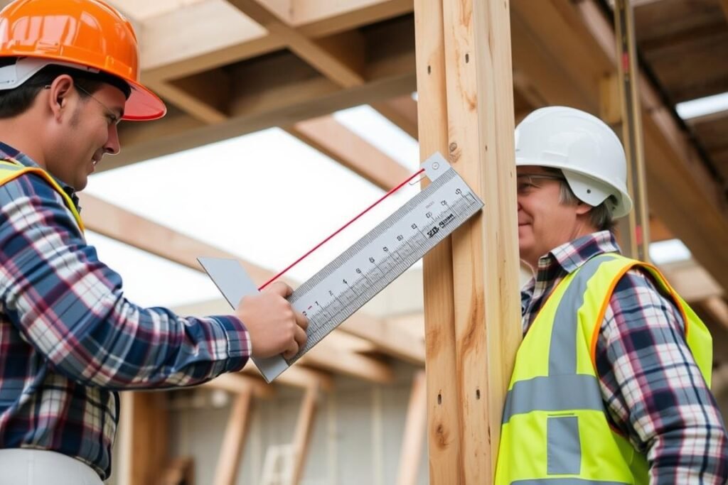 Construction worker using right triangle principles to ensure structural integrity