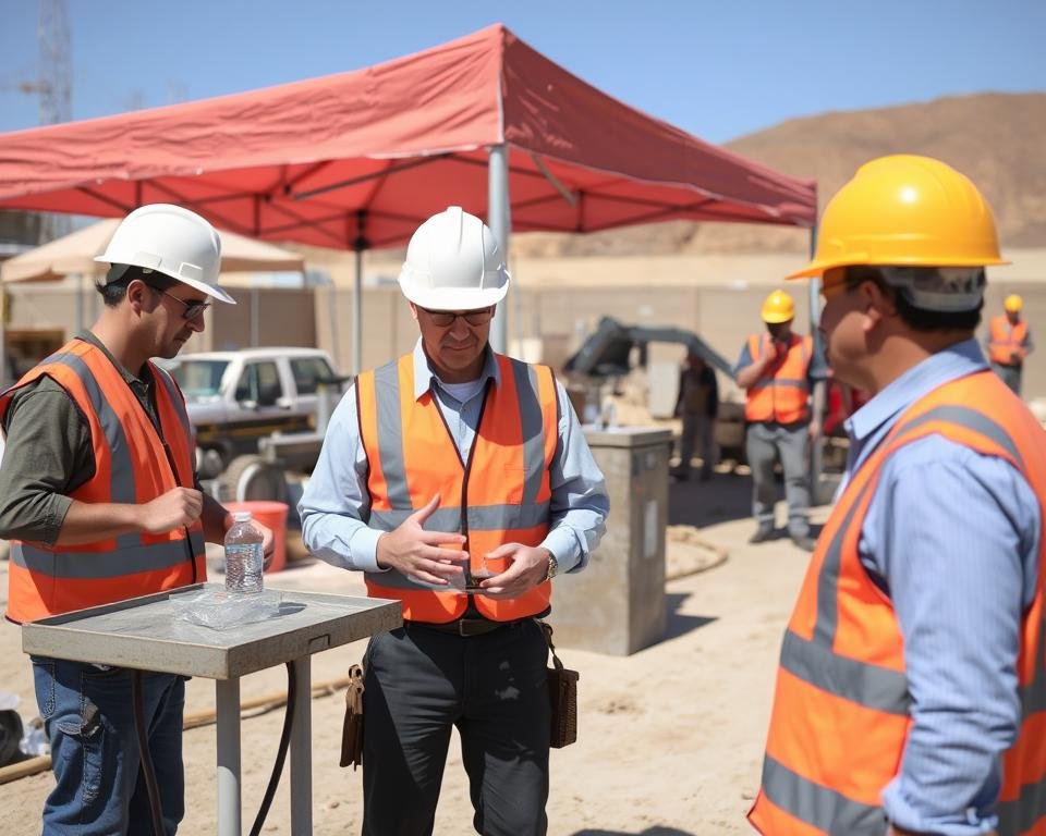Construction workers implementing heat safety protocols on job site