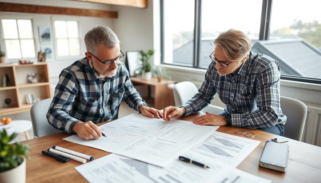 Contractor reviewing roofing plans and calculations with homeowner