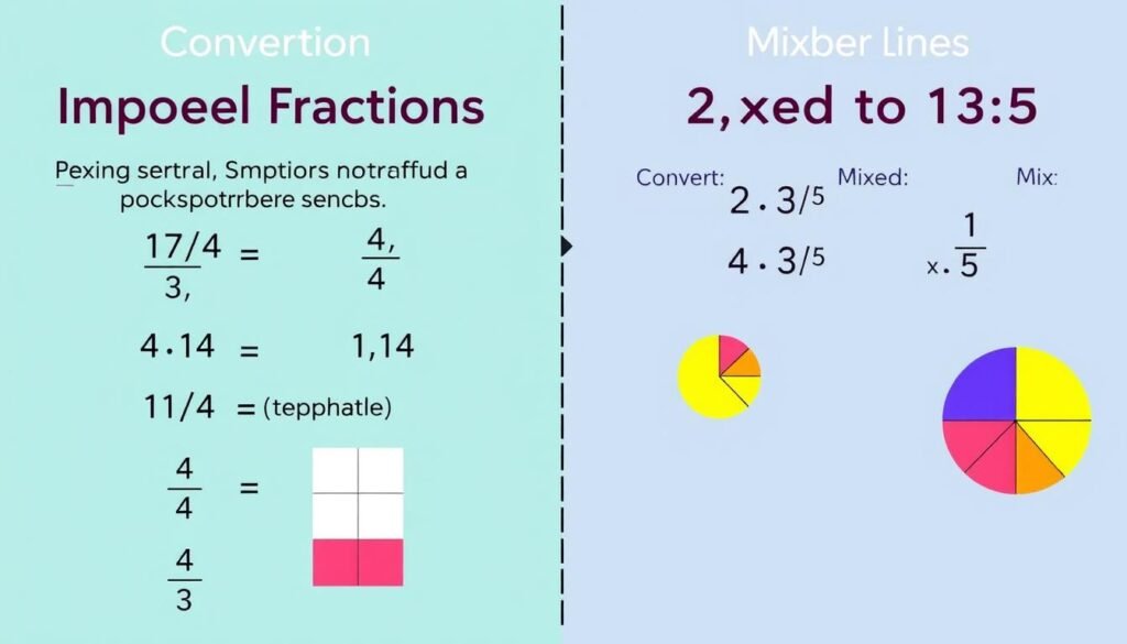 Converting between improper fractions and mixed numbers with visual examples