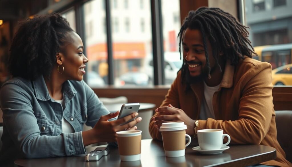 Couple discussing their love calculator results over coffee