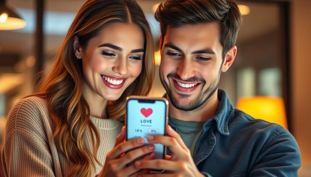 Couple looking at a love calculator showing compatibility score