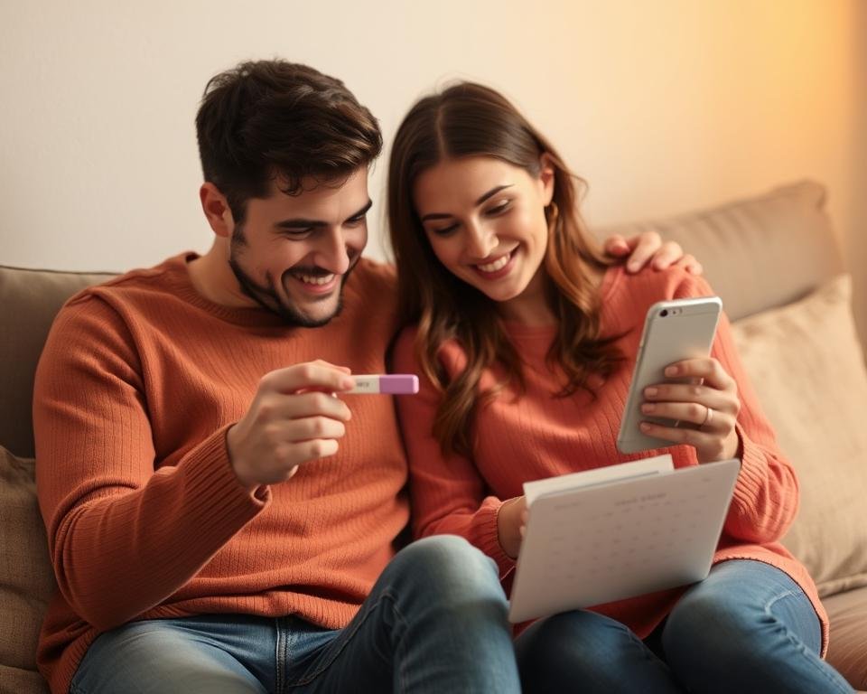 Couple looking at ovulation test results together