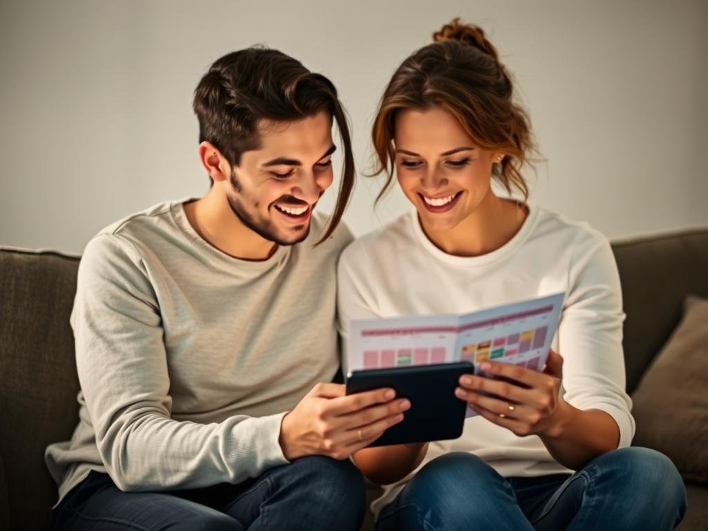 Couple looking hopeful while reviewing fertility tracking information