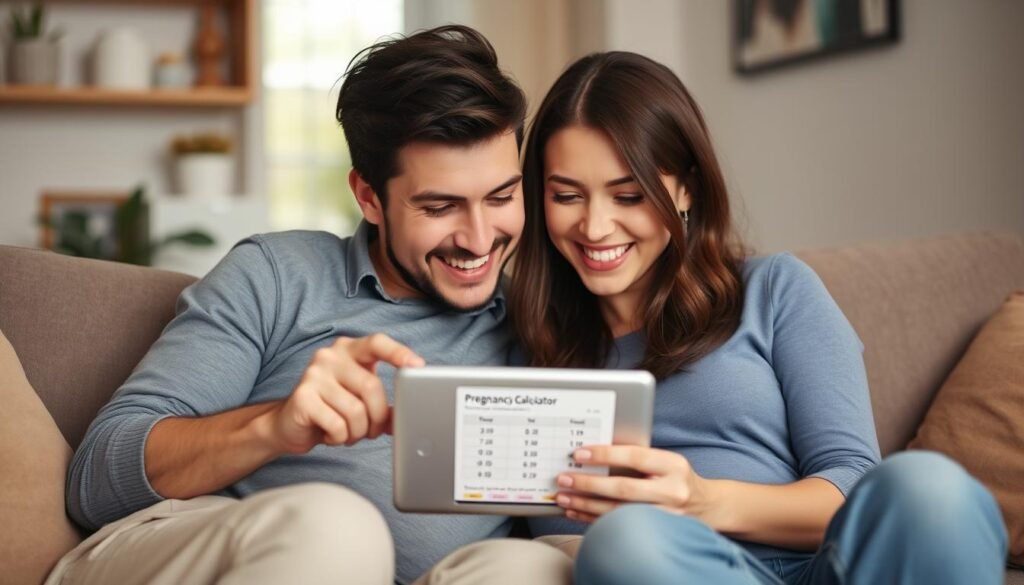 Couple reviewing pregnancy conception calculator results together
