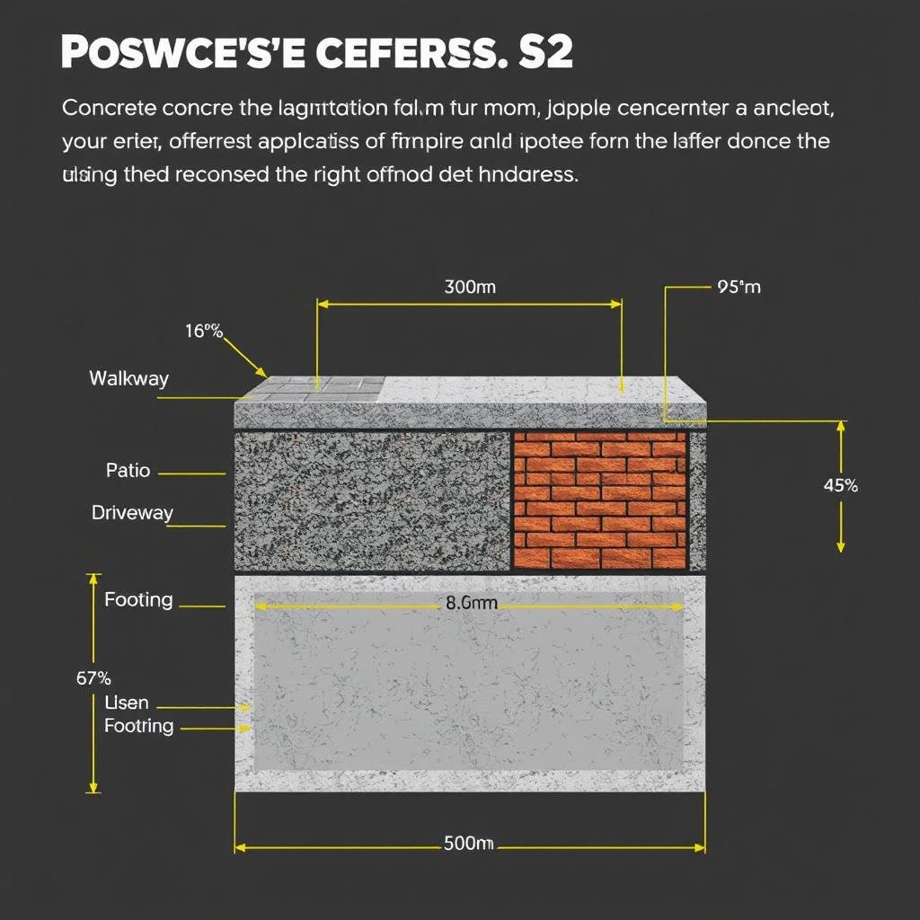 Cross section of different concrete applications showing various thickness requirements