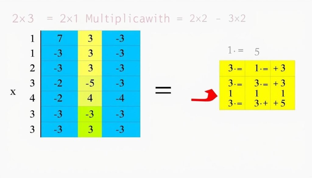 Detailed matrix multiplication example showing dot product calculations