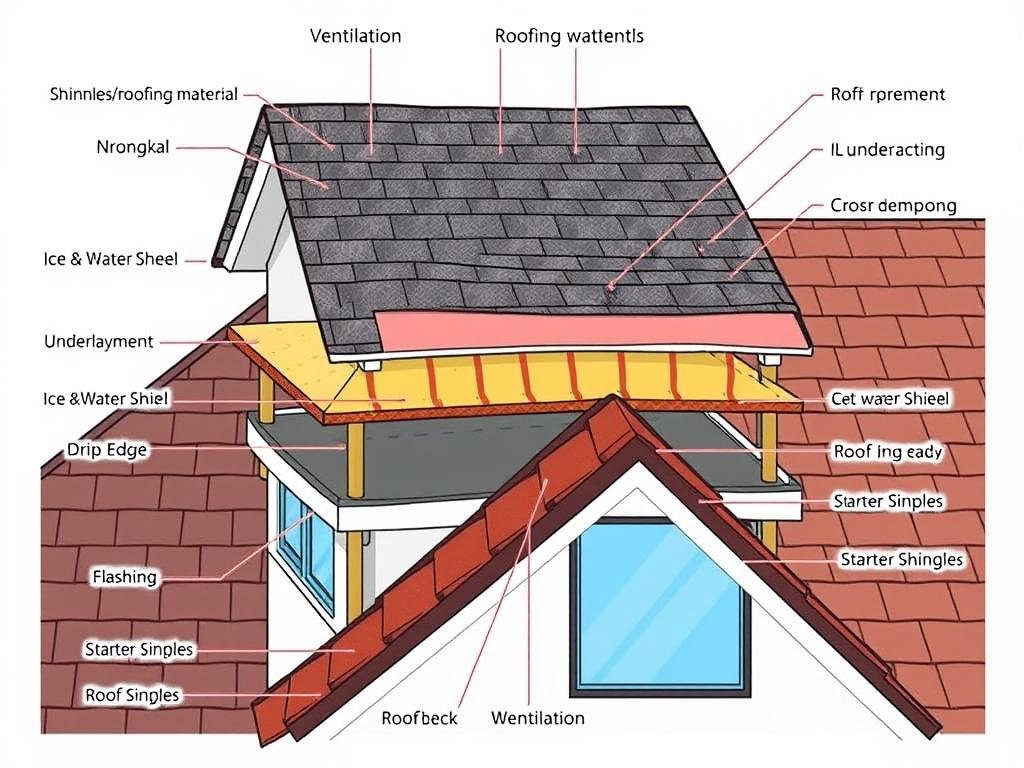 Diagram of a complete roofing system showing all components and materials