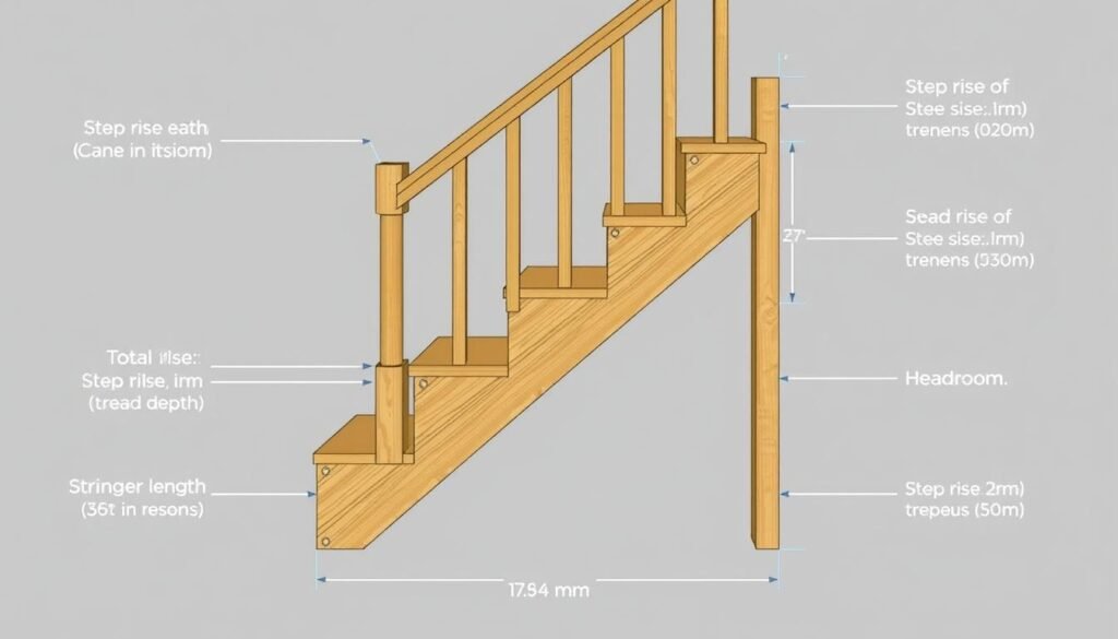 Diagram of key stair measurements including rise run and stringer length