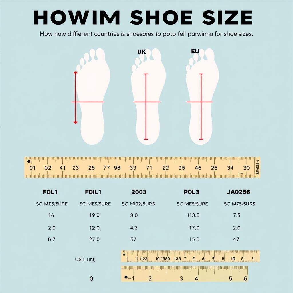 Diagram showing different shoe size measurement methods across countries for shoe size conversion