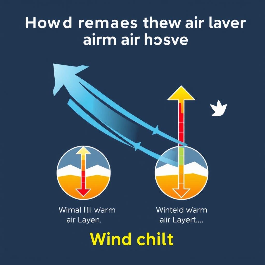Diagram showing how wind chill affects the bodys heat loss