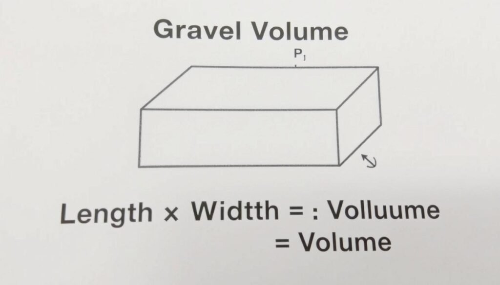 Diagram showing length x width x depth formula for calculating gravel volume