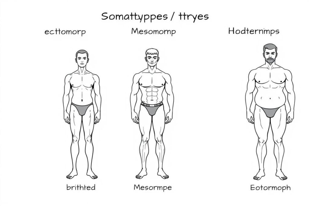 Diagram showing the three somatotype body types ectomorph mesomorph and endomorph
