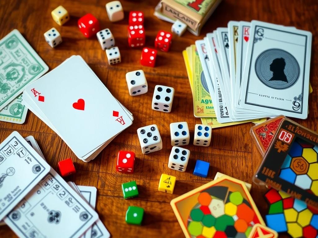Dice and playing cards representing games using random numbers
