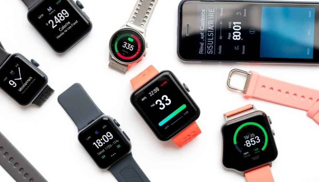 Different calorie tracking devices and apps showing various interfaces