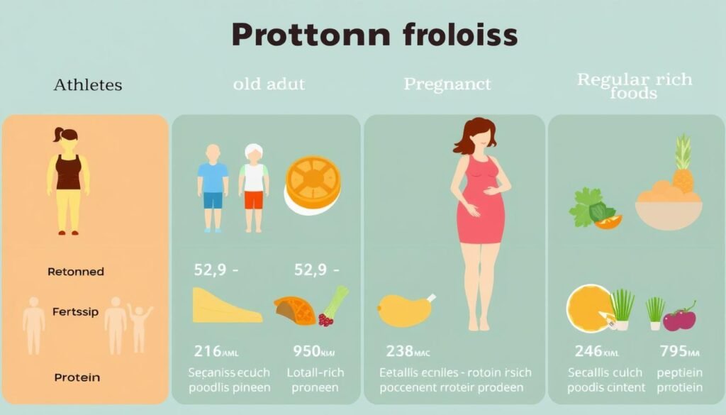Different demographic groups and their protein needs, showing athletes, older adults, and regular adults with their recommended protein intake ranges