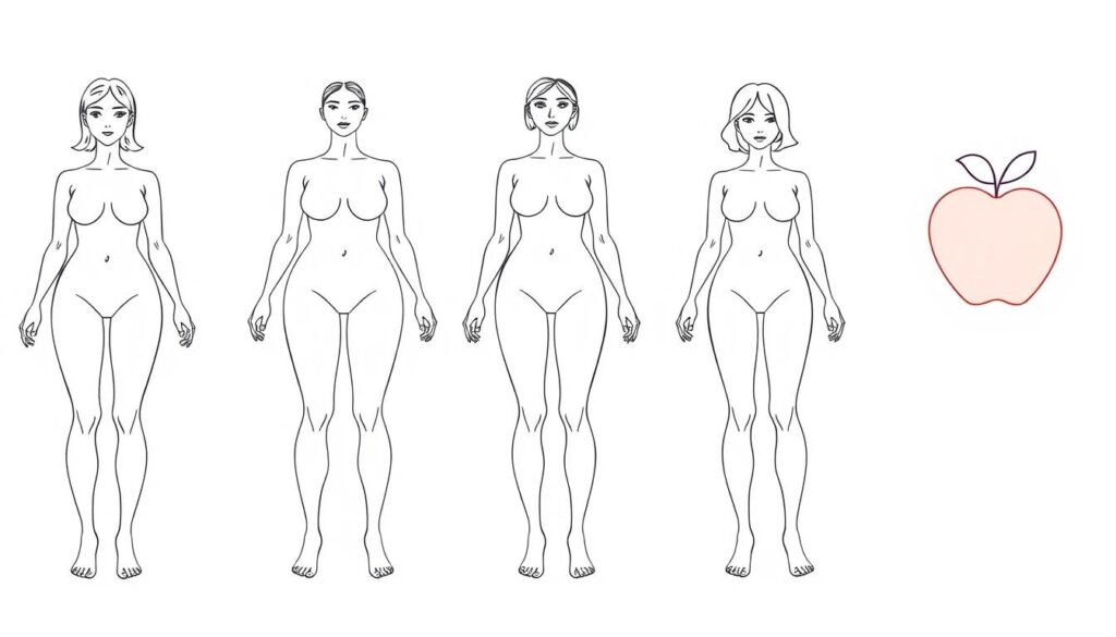 Different female body types illustrated showing hourglass rectangle triangle inverted triangle and apple shapes