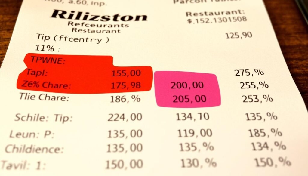 Different tip percentage options shown on a restaurant bill