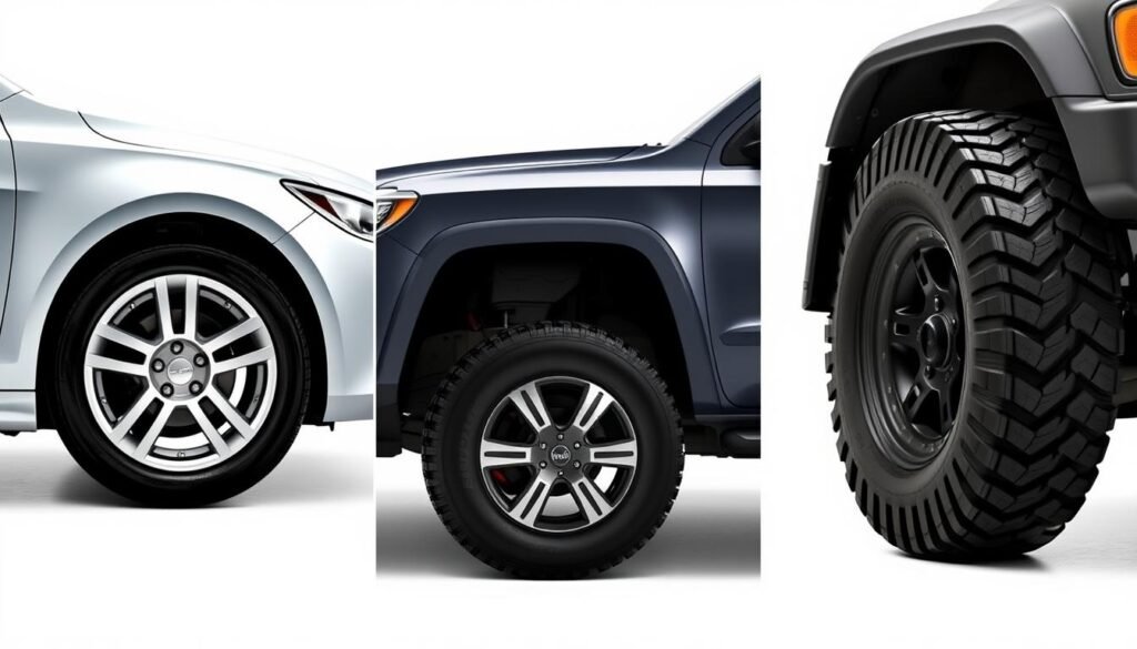 Different vehicles with various wheel and tire combinations