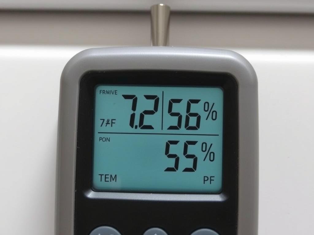 Digital hygrometer showing temperature and humidity readings for dew point calculation