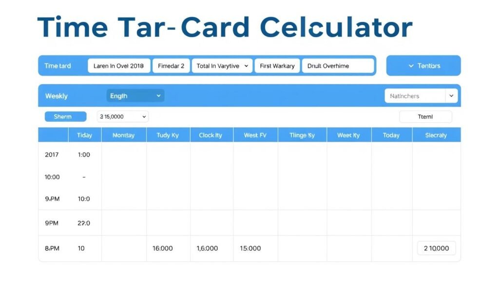 Digital time card calculator interface showing weekly timesheet with clock inout times