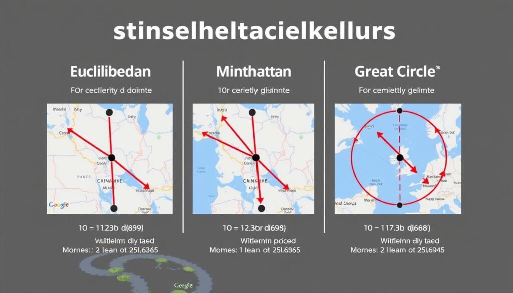 Distance Calculator showing different calculation methods compared on a map