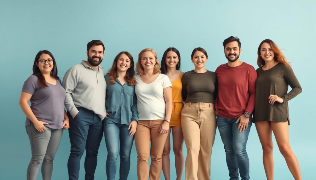Diverse group of people with different body types looking confident and happy