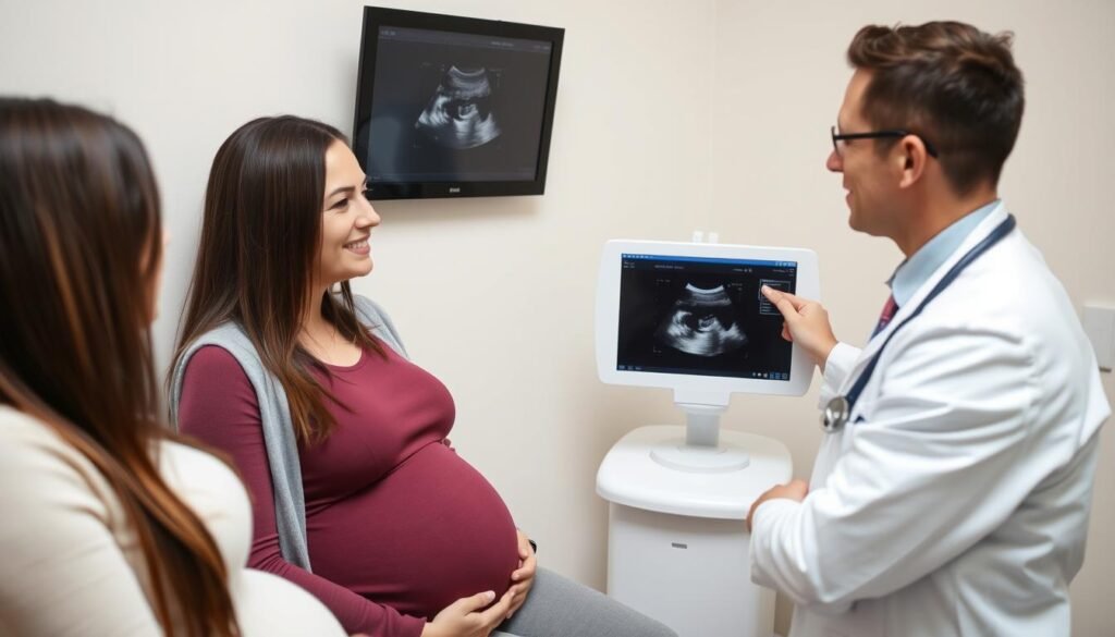 Doctor discussing ultrasound results with pregnant patient