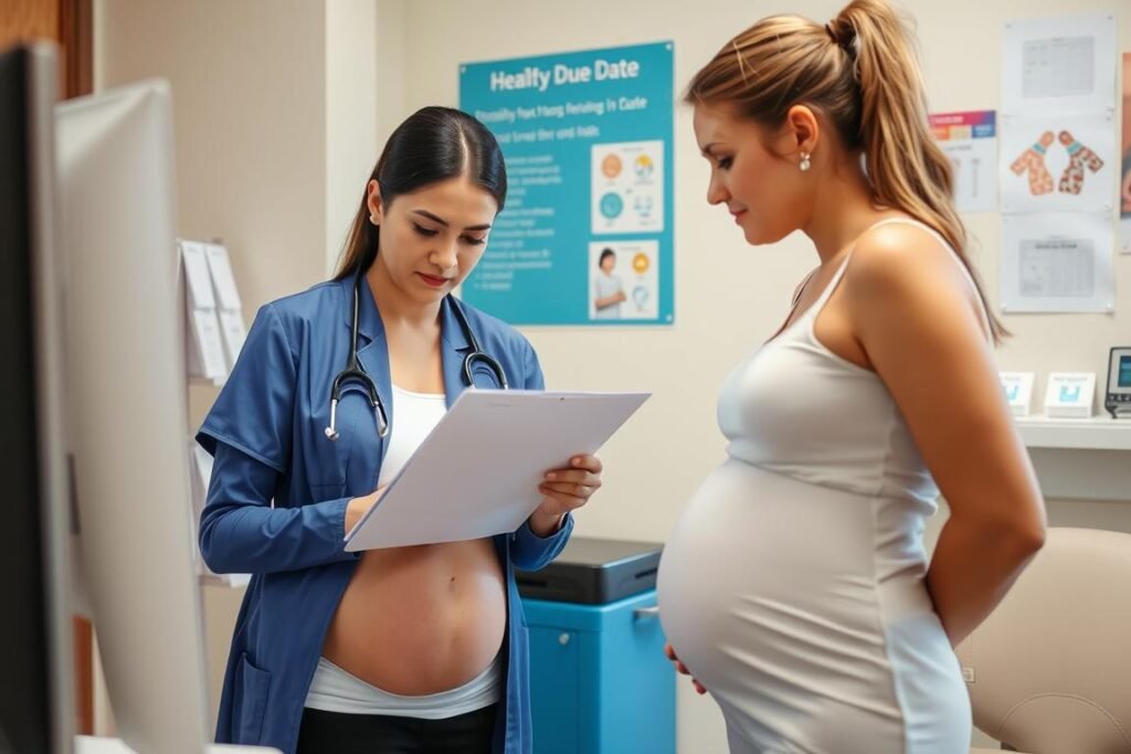 Doctor updating patient chart with new due date