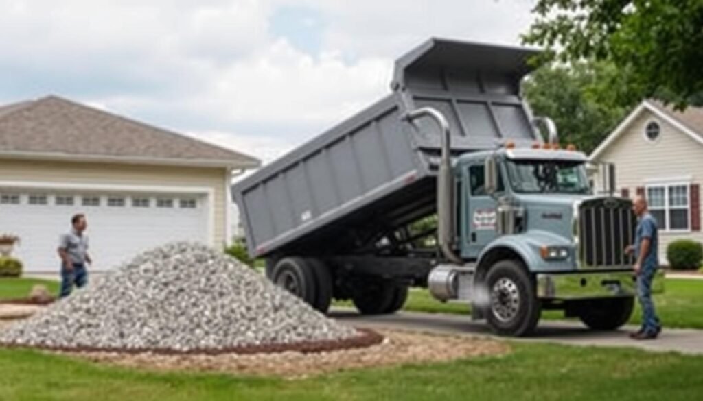 Dump truck delivering gravel to a residential property