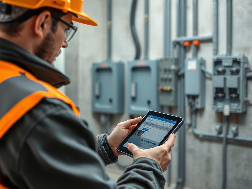 Electrician using voltage drop calculator on a construction site