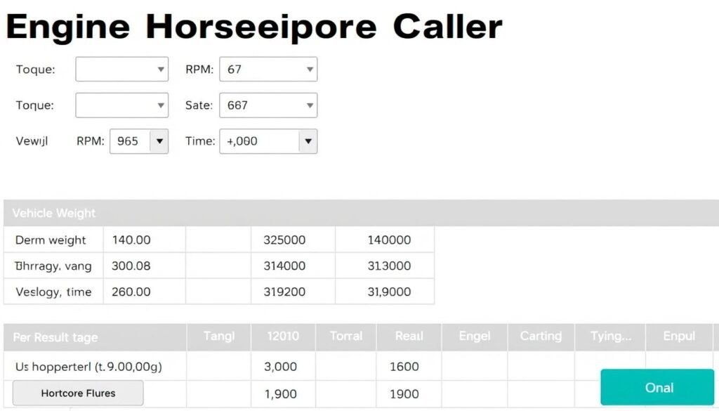 Engine Horsepower Calculator interface showing input fields and results