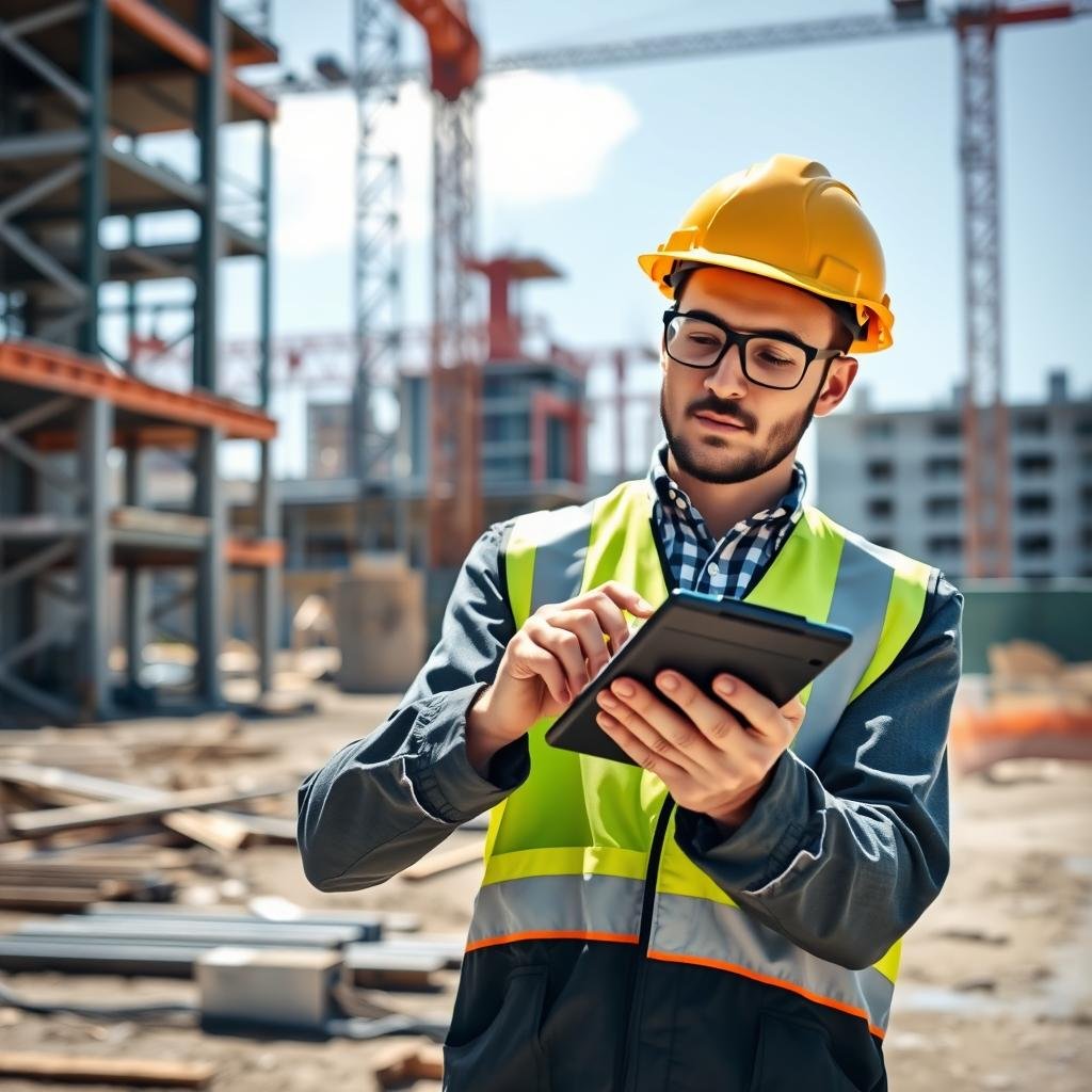 Engineer using scientific calculator on construction site