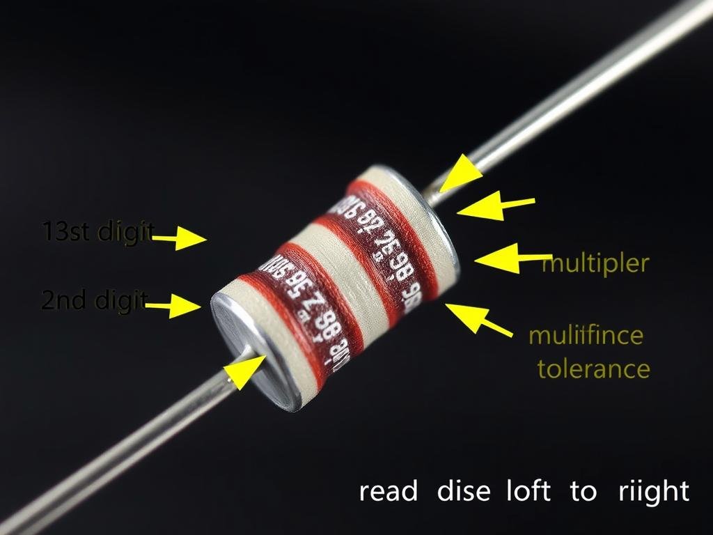 Example of a 4 band resistor with color bands labeled