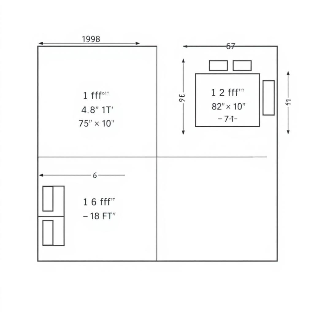 Example of an L shaped room divided into two rectangles with measurements