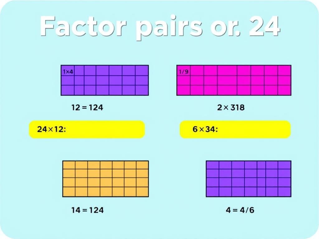 Factor pairs of 24 represented as rectangular arrays of different dimensions