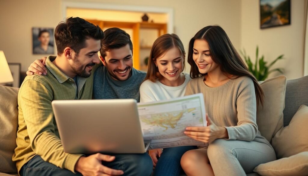 Family calculating fuel costs for vacation road trip