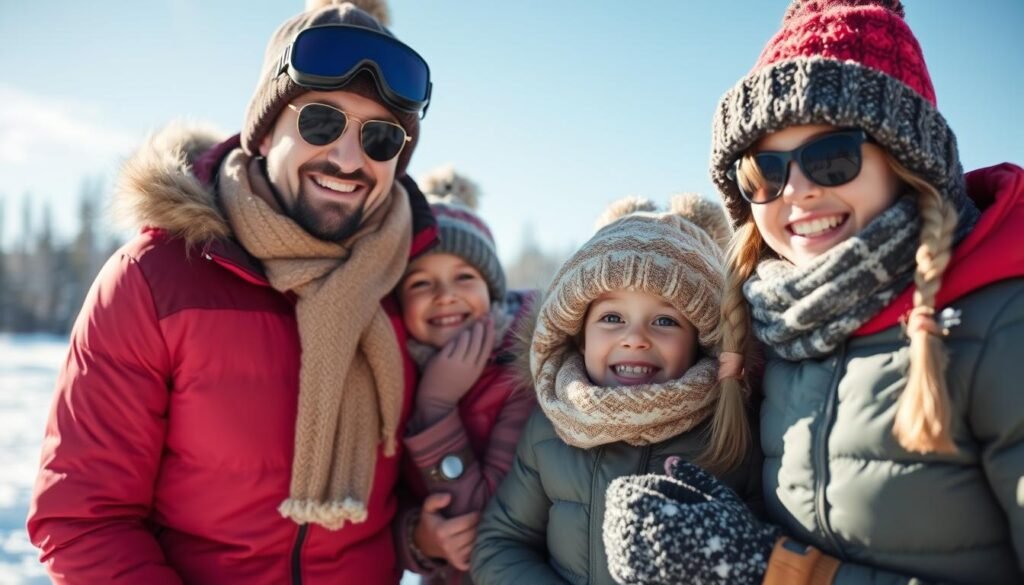 Family enjoying winter activities safely with proper wind chill protection