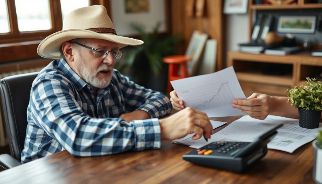Farmer and financial advisor reviewing farm loan options
