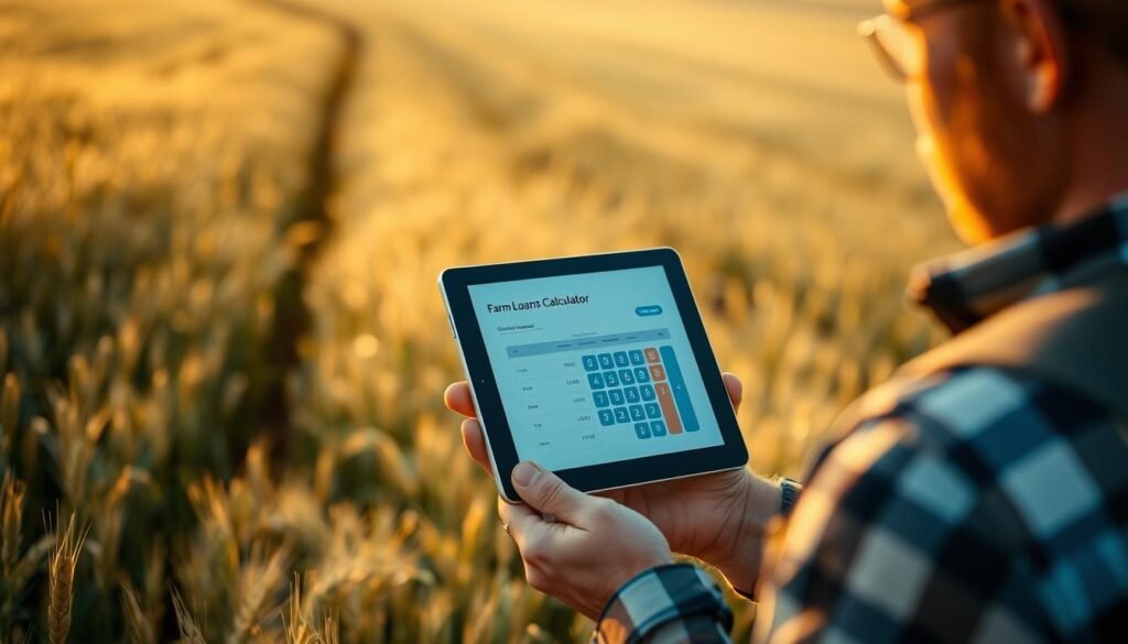 Farmer reviewing farm loan calculator on tablet in field