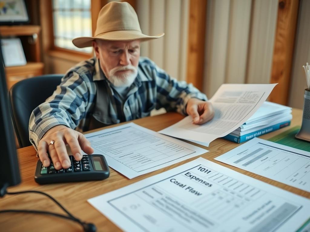 Farmer reviewing operating expenses and cash flow
