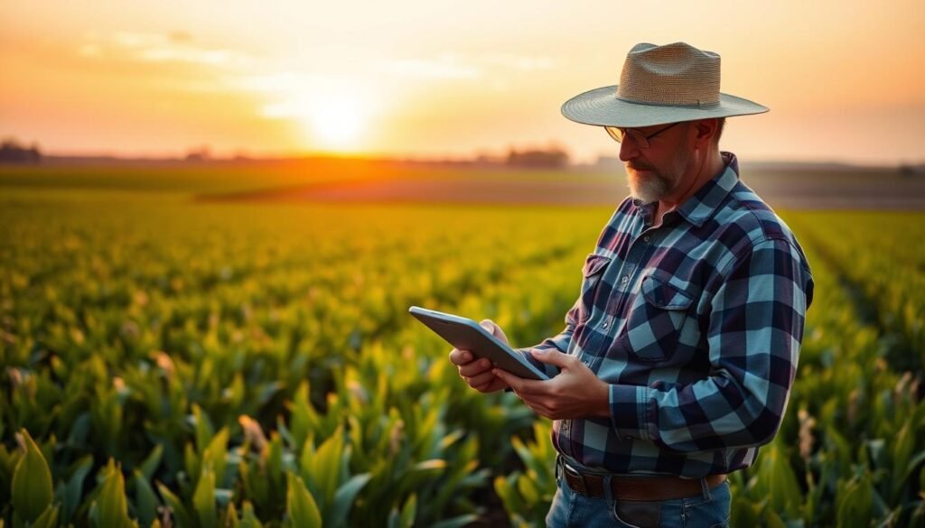 Farmer using tablet with farm loan calculator in field
