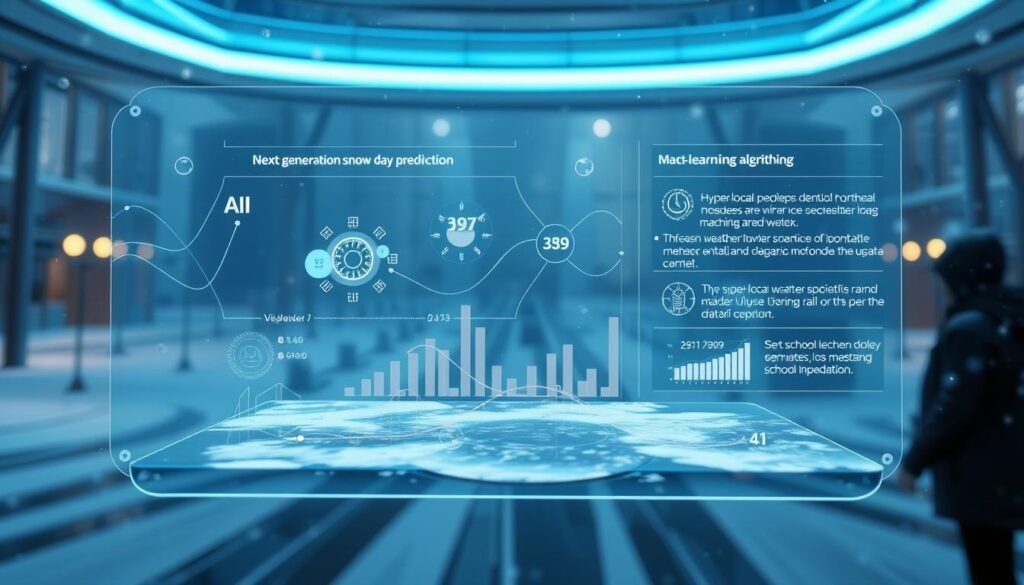Futuristic snow day prediction technology with AI and machine learning elements