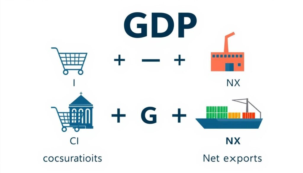 GDP formula components visualization showing C + G + I + NX