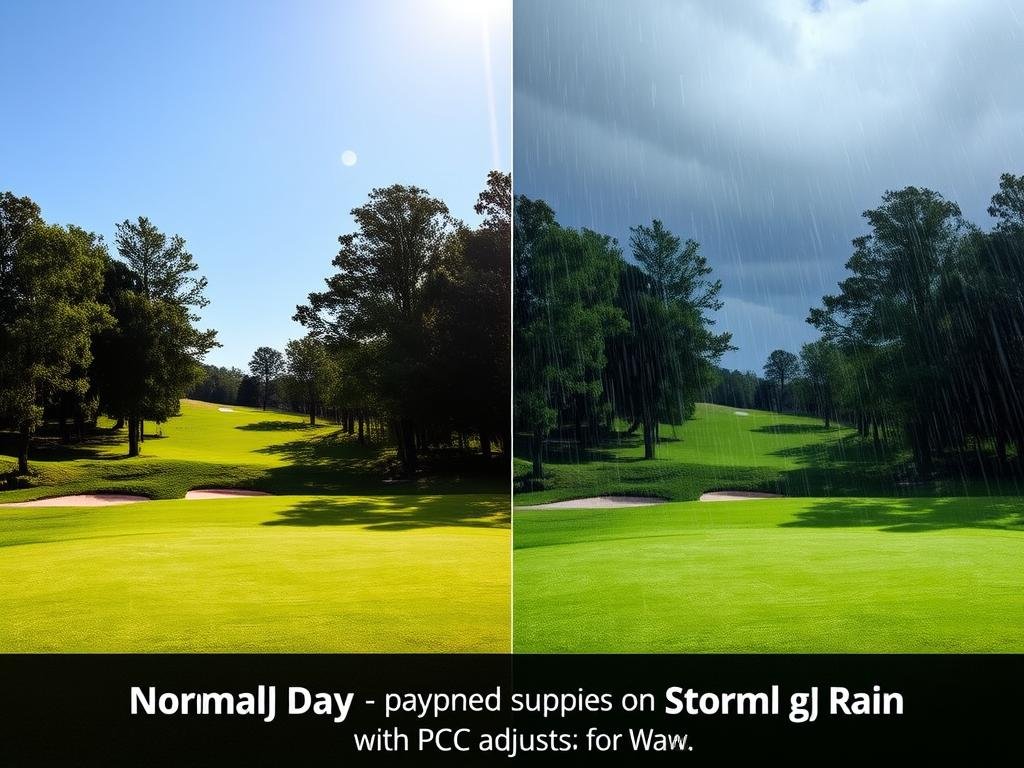 Golf course during extreme weather conditions showing PCC impact