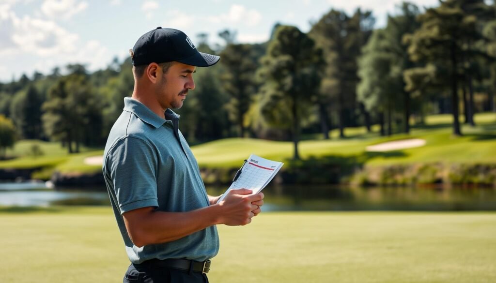 Golfer checking scorecard to calculate handicap on golf course